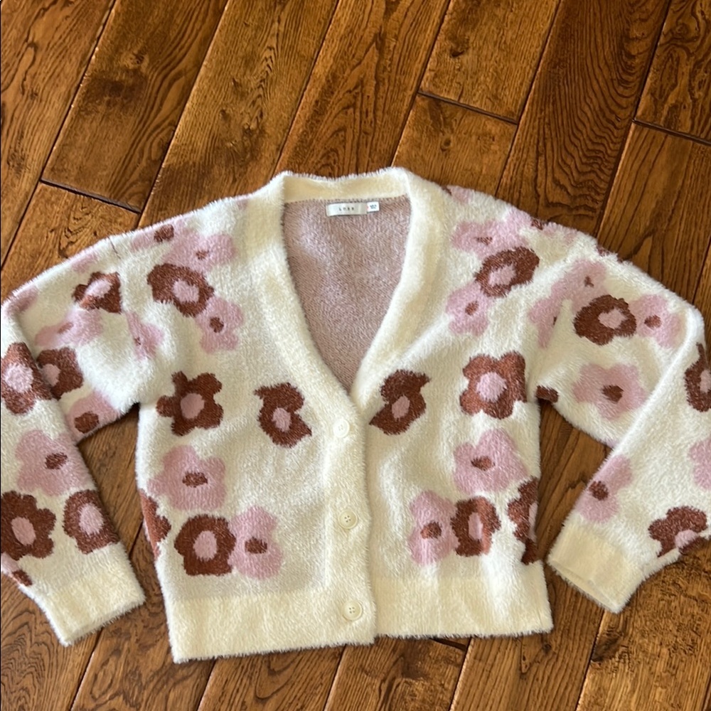 Lush brand Cream and Pink Floral Cardigan Sweater size small